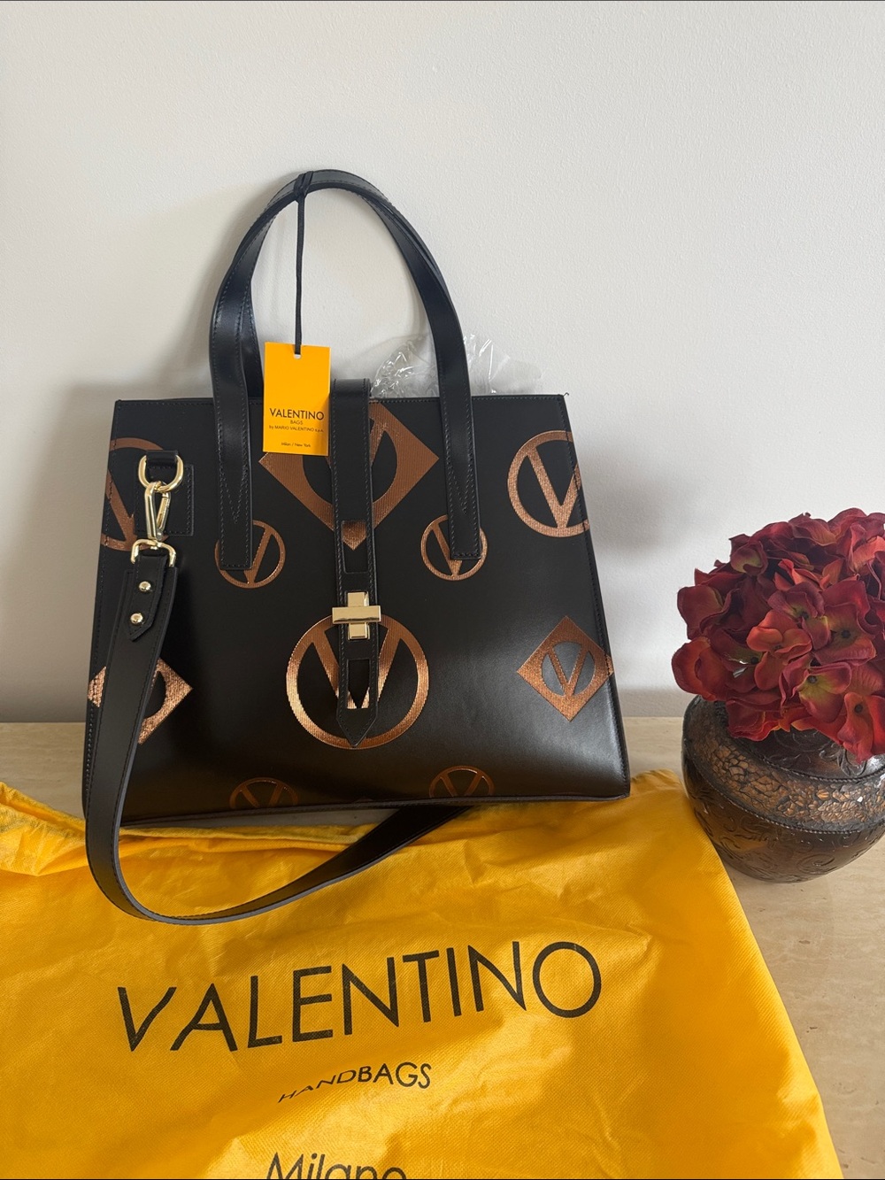 Valentino Black Tote with Bronze Logo Motif